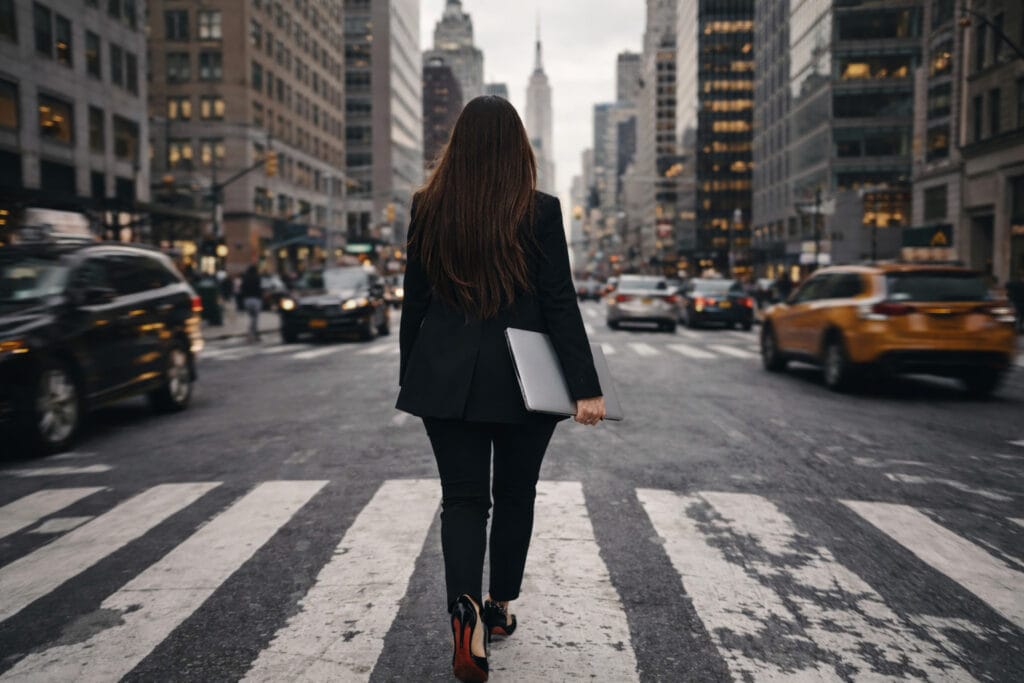 Girl with laptop walking through New York City
